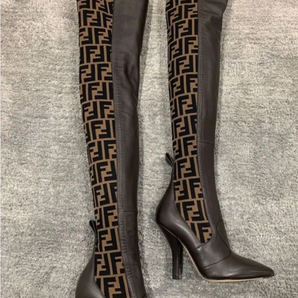 Fendi Black and Brown Patterned Over-the-Knee Boots